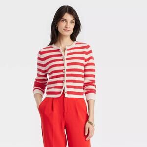 A New Day (XL) Red Cream Striped Lady Jacket Coastal Mariner Knit Cardigan